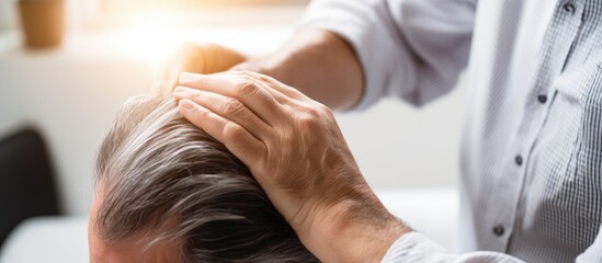 Poster - A male patient undergoing thinning hair treatment diagnosed by a doctor.