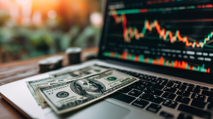 Navigate the financial landscape as dollar bills lay beside a laptop displaying a dynamic stock market chart graph. Ai generated