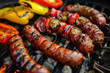 A mouthwatering featuring shuzhuk, Kazakh-style sausage sizzling on a grill with vibrant vegetables