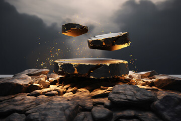 Black Rock Cobblestone Ruins Podium with Golden Nuggets. Elegant Modern 3D Render for Product Display