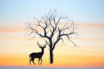  springbok silhouette with acacia tree at dusk