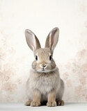 Fototapeta  - Small Rabbit Sitting on Table, Cute Pet Animal Relaxing and Observing