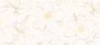 Floral gold line art background. Hibiskus flower golden background for wedding, backdrop, wallpaper, banner, card, cover, texture. Vector illustration.