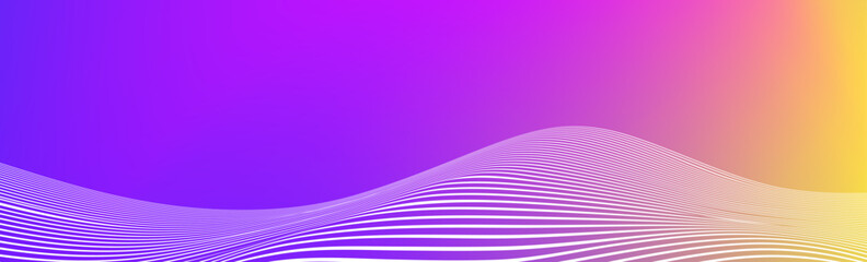 Wall Mural - Abstract white wave lines on yellow purple gradient background. Wide banner with curve liquid stripes. Wavy border wallpaper for footer, poster, brochure, website, cover, header, flyer. Footer vector