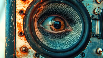 Wall Mural - A close up view of a person's eye in a machine. This image can be used to depict futuristic technology, artificial intelligence, or cybernetics.