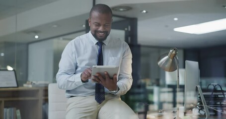 Canvas Print - Man, working and office at night, tablet and computer for planning, email and notes. Accountant, technology and satisfaction for project, research and report in corporate, website and workplace