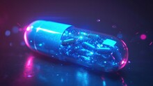 Artificial intelligence AI in future Healthcare. Neon pill capsule composed of digital elements on soft, clinical background. Fusion of pharmacology and AI, drug discovery and personalized medication