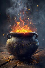 Poster - A cauldron with flames shooting out of it. Perfect for Halloween decorations or witch-themed designs