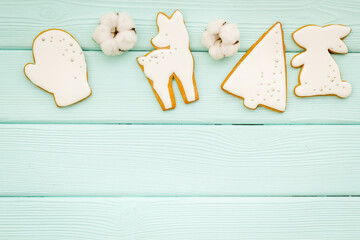 Wall Mural - Homemade baked white Christmas cookies, top view. New Year background