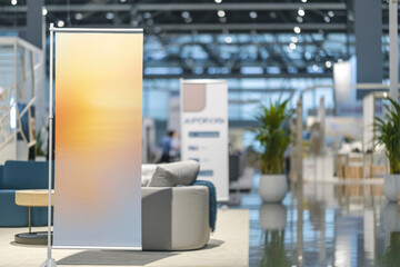 Mockup Of Vertical Rollup Banners At Trade Fair Presenting Your Brand Professionally