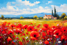 Landscape With A Field Of Flowering Red Poppies. Oil Painting In Impressionism Style.