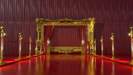 Wall Mural - red carpet with gold barriers leading to golden royal armchair with gold frame, 3D render