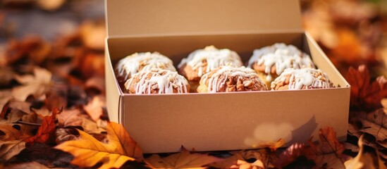 Canvas Print - Takeaway craft box with three cinnabon buns, cherry confiture, white chocolate, coconut flakes, caramel syrup, and pecan nuts on a wooden bench, surrounded by autumn leaves.