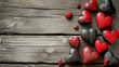 Many red and black heart-shaped items are painted on a rustic wood background, featuring a romantic ruins style, vintage-inspired still life elements.
