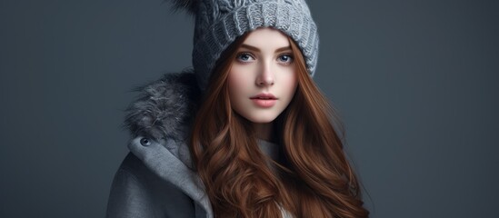 Sticker - Winter fashion: A girl with long hair and a knitted hat, amazed, stands in a dress and jacket on a grey backdrop.