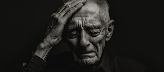 Poster - Elderly person in pain, eyes closed, black and white representation.