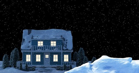 Wall Mural - Animation of snow falling over christmas winter scenery with house on black background