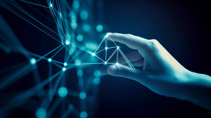 a hand interacting with a complex, glowing network of lines and dots in a dark, futuristic setting, ai generative