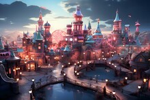 Amusement Park In The City At Night. 3d Rendering