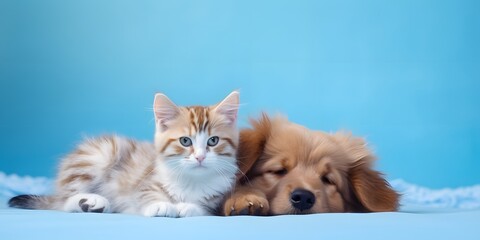 Cute fluffy cat and dog lying together. Pets on blue background, copy space.