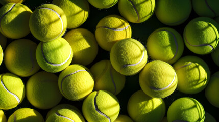 Sport and active concept. Top view a pile of tennis balls, green colors.  AI Generated