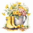 Yellow rubber boots and bouquet of flowers in a watering can, spring concept, watercolor illustration