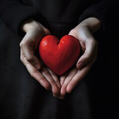 Giving love gift, Woman hand hold give beautiful red heart sweet loving symbol of take care.Generative AI