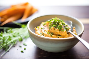 Wall Mural - sweet potato hummus with a sprinkle of chives, spoon in bowl