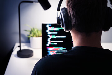 Hacker or code developer with laptop. Malware, game or website developing. Cyber criminal, programmer, engineer or coder. Fraud software or privacy security program. Spy with headphones, espionage.