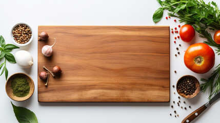 Wall Mural - Wood cutting board with linen napkin and spices with copy space, top view