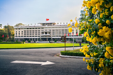 Independence and Reunification Palace in Vietnam. Ho Chi Minh City, Saigon. Government building and travel and tourism landmark.