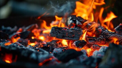 Wall Mural - Hot BBQ grill with flaming fire and charcoal For a background image of grilling food.