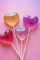 Wall Mural - candy heart shaped lollipops isolated on pink pastel background	