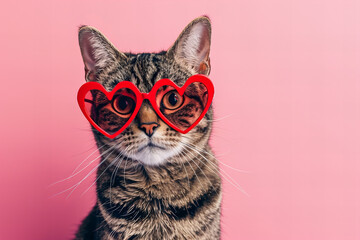 Wall Mural - St. Valentine's Day card concept. Funny cat in red heart shaped glasses isolated on pink background	