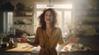 A radiant woman with curly hair laughing and enjoying her time in a bright, naturally lit kitchen setting.