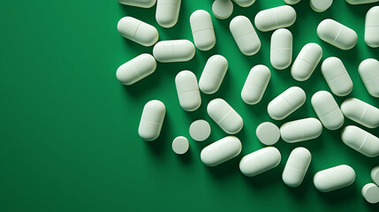 White medicine pills on a green background, with monochromatic symmetry style