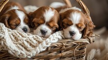 Photo Of Three Small Red And White Cavalier King Charles Spaniel Puppies Sleeping In A Wicker Basket