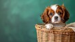 Photo of a small red and white Cavalier King Charles Spaniel puppy sitting in a wicker basket, green and blue background