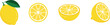 Icon lemon. Set fresh lemon fruits and slice. Isolated on white background. Vector

