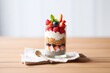 layered parfait with chia seeds on burlap