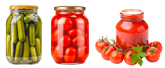 Wall Mural - A set of canned vegetables in a jar. Pickled cucumbers and tomatoes. Tomato paste in a jar. Isolated on transparent background.