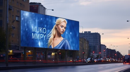 Blank white road billboard with cityscape background. Street advertising poster, mock up, 3D rendering. Side view. The concept of marketing communication to promote or sell idea.