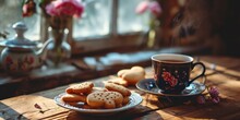 Homemade Cookies Elegantly Arranged On The Table, Accompanied By A Steaming Cup Of Coffee, Capturing The Essence Of Valentine's Day