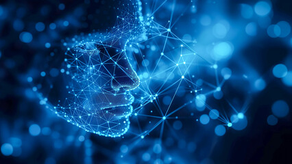 Abstract Blue background network line structure, in the style of a light-focused, picture of the human face. for technology background design