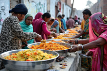 Volunteers Distribute Food To Poor People In The Open Air