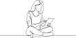 © Christian Horz - continuous single line drawing of young woman sitting on floor using tablet computer, line art vector illustration