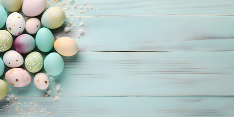 Wall Mural - Color easter eggs on a wood background - Celebration design