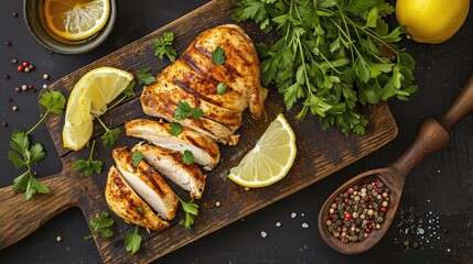 Sticker - Grilled chicken breasts on a grill plate on black background with copy space, top view. Bbq background 