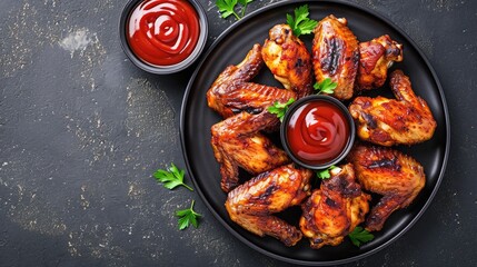 Wall Mural - Grilled spicy chicken wings with ketchup on a black plate on a dark slate, stone or concrete background. Top view with copy space.