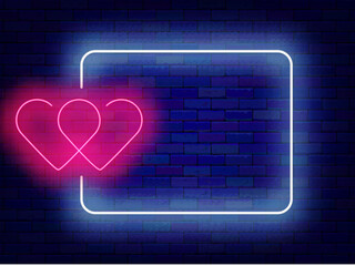 Happy Valentines day neon poster. Two hearts and empty white frame. Romantic holiday party. Vector stock illustration